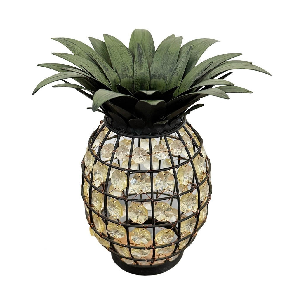 Pineapple Tea Light Black Metal Clear Yellow Beads Wire Wrapped 8.75" Tall